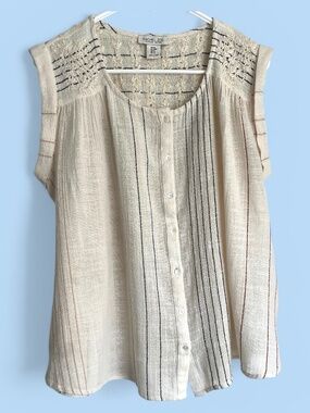Rachel Zoe Airy Loose Fit Cap Sleeve Embroidered Cotton Blouse Size M